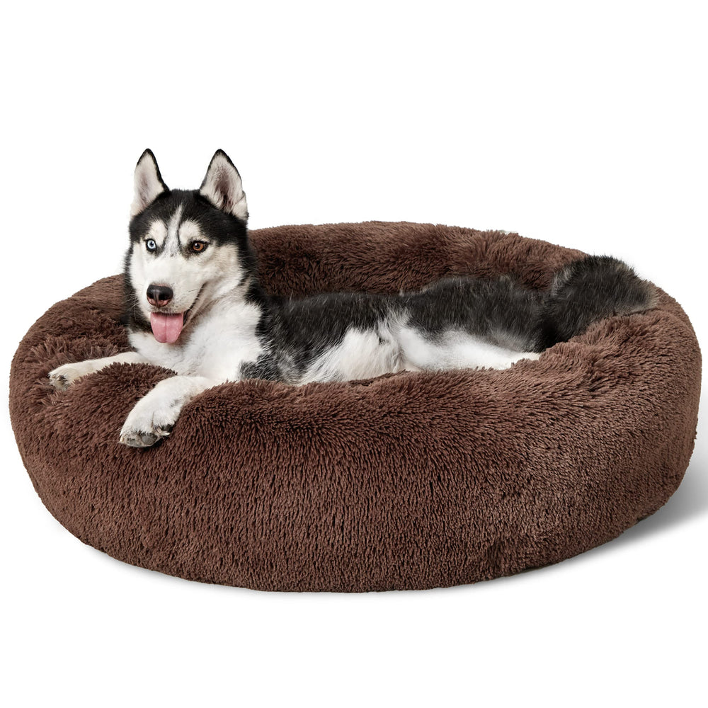 Bedsure calming dog bed round-donut outer view in coffee for curl-up comfort.