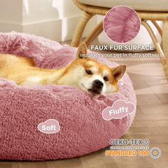 Bedsure calming donut bed round headrest supports pet head and neck.