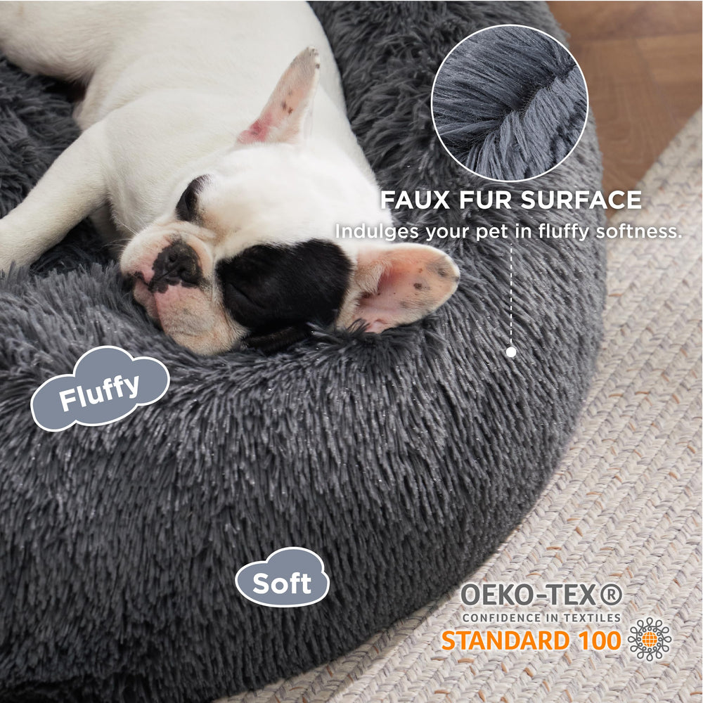 Bedsure donut bed close-up shows plush faux fur edge for soothing snuggle