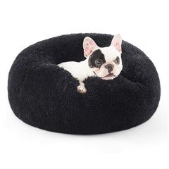 Bedsure Calming Donut Dog Bed 27-inch round black with secure head support.