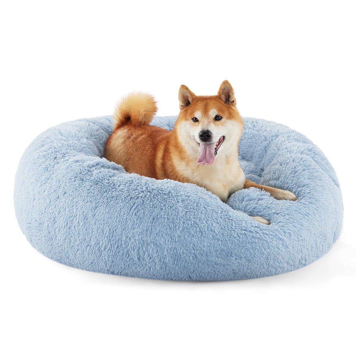 Bedsure Calming Donut Dog Bed in light blue, perfect for curling up.