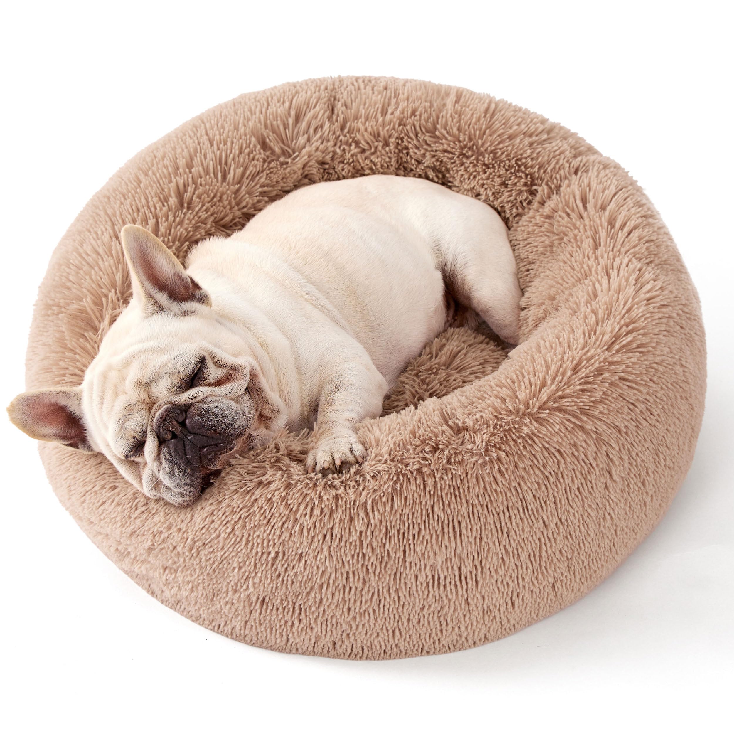 Bedsure calming donut dog bed 33in camel shows a spacious round design for secure naps.