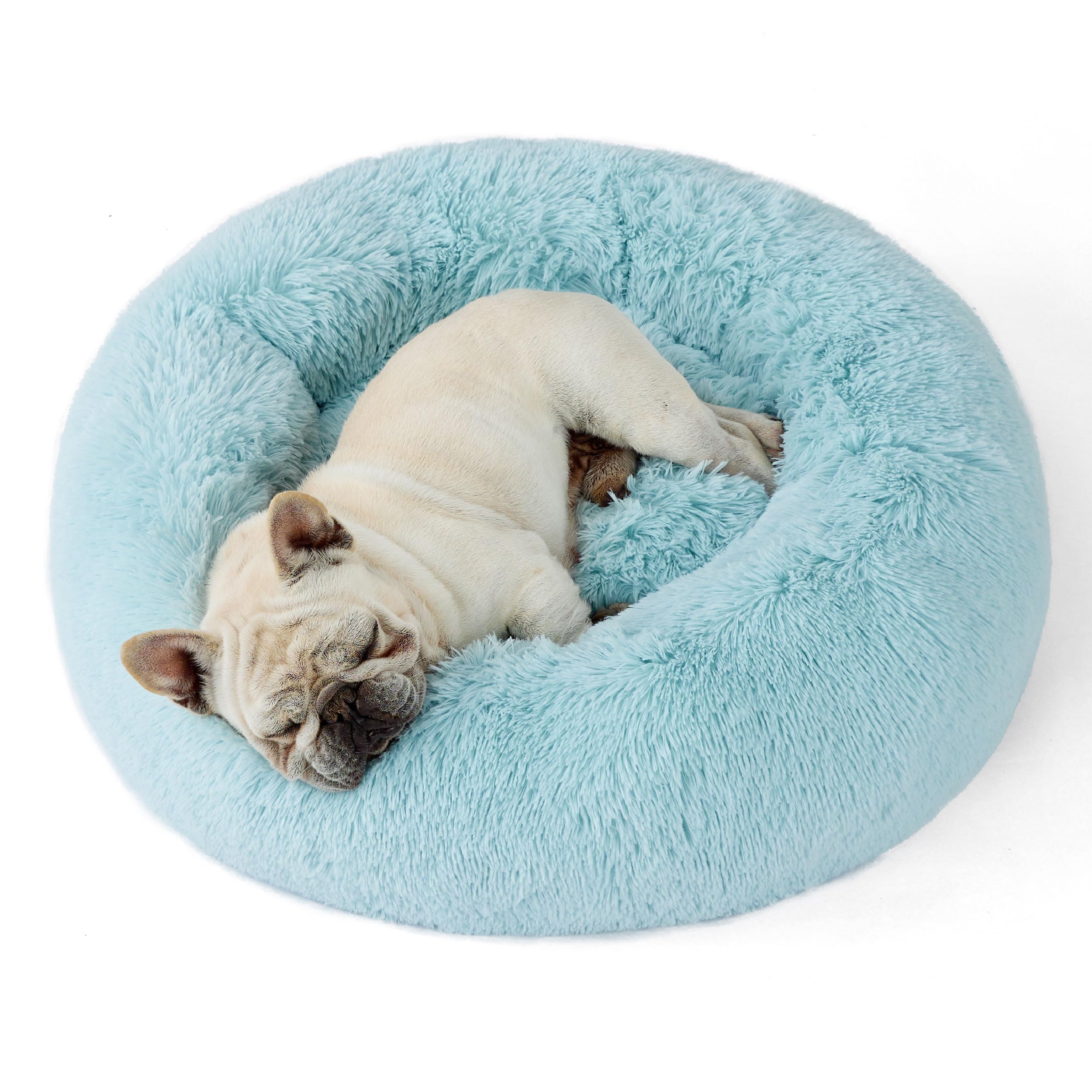 Bedsure calming dog bed aqua blue top view promotes cozy, secure curling.