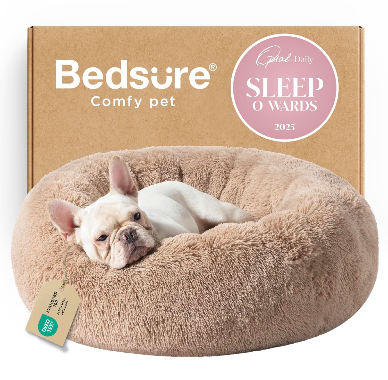 Bedsure Calming Donut Dog Bed camel front view highlights plush faux fur for cozy curl-up comfort.