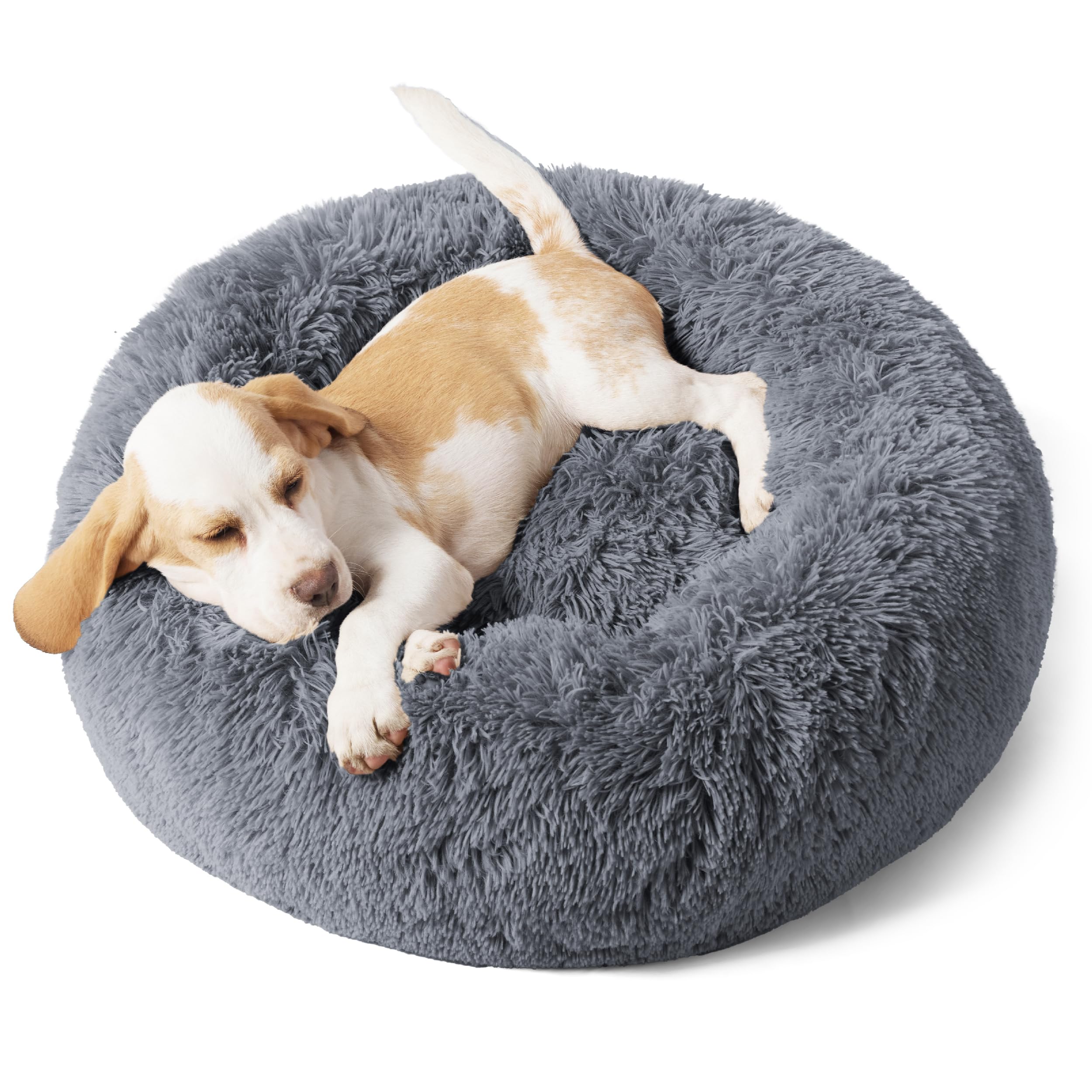 Bedsure calming donut dog bed plush fur close-up—soft texture promotes cozy curl-up comfort