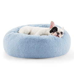 Bedsure calming donut dog bed, round shape, light blue, ideal for curl-up comfort.