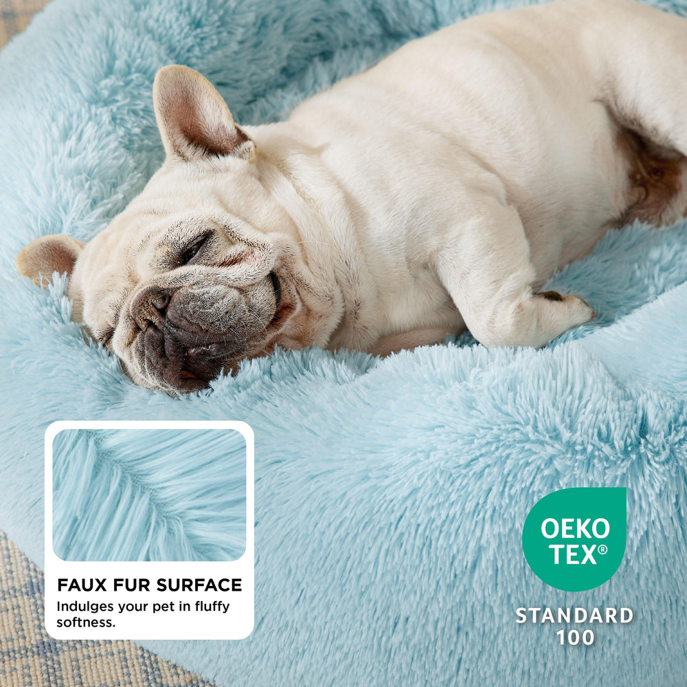 Bedsure calming dog bed round shape closeup faux fur comforts anxious pets.