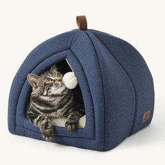 Bedsure cat bed navy exterior shows soft faux-linen texture for a cozy indoor retreat.