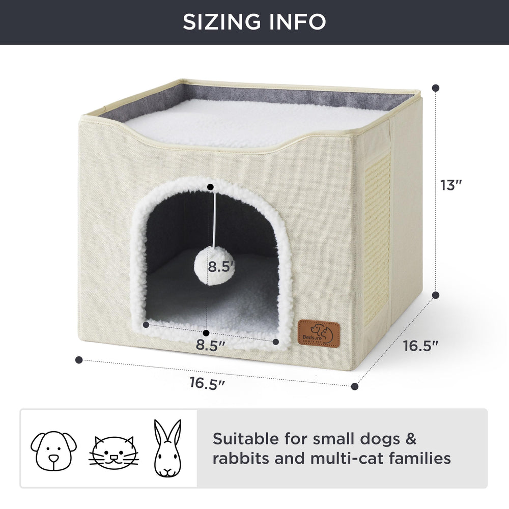 Bedsure cat beds ivory 16.5x16.5x13 inches shows spacious dimensions for larger cats.