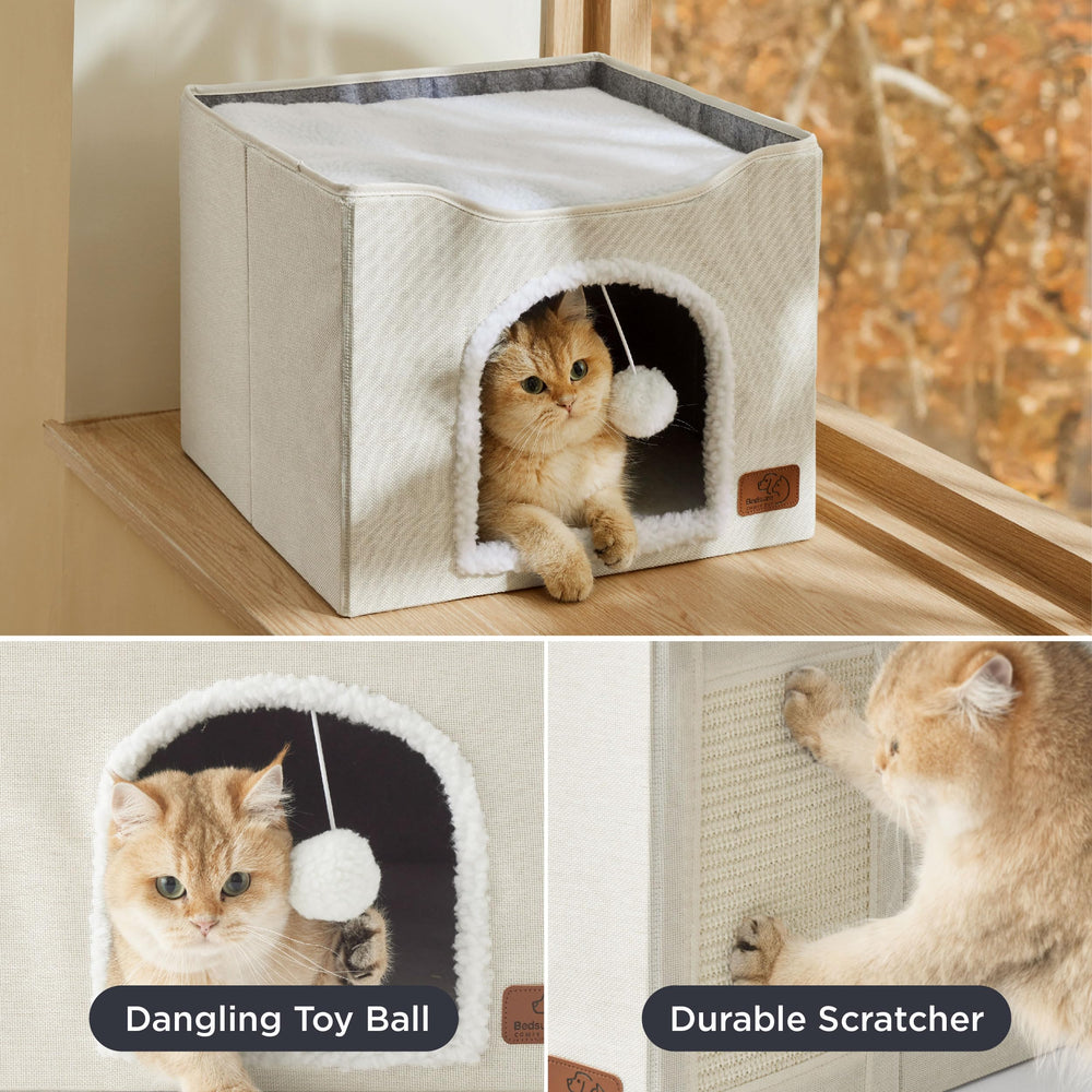 Bedsure cat beds ivory fluffy ball hanging adds interactive enrichment during playtime.
