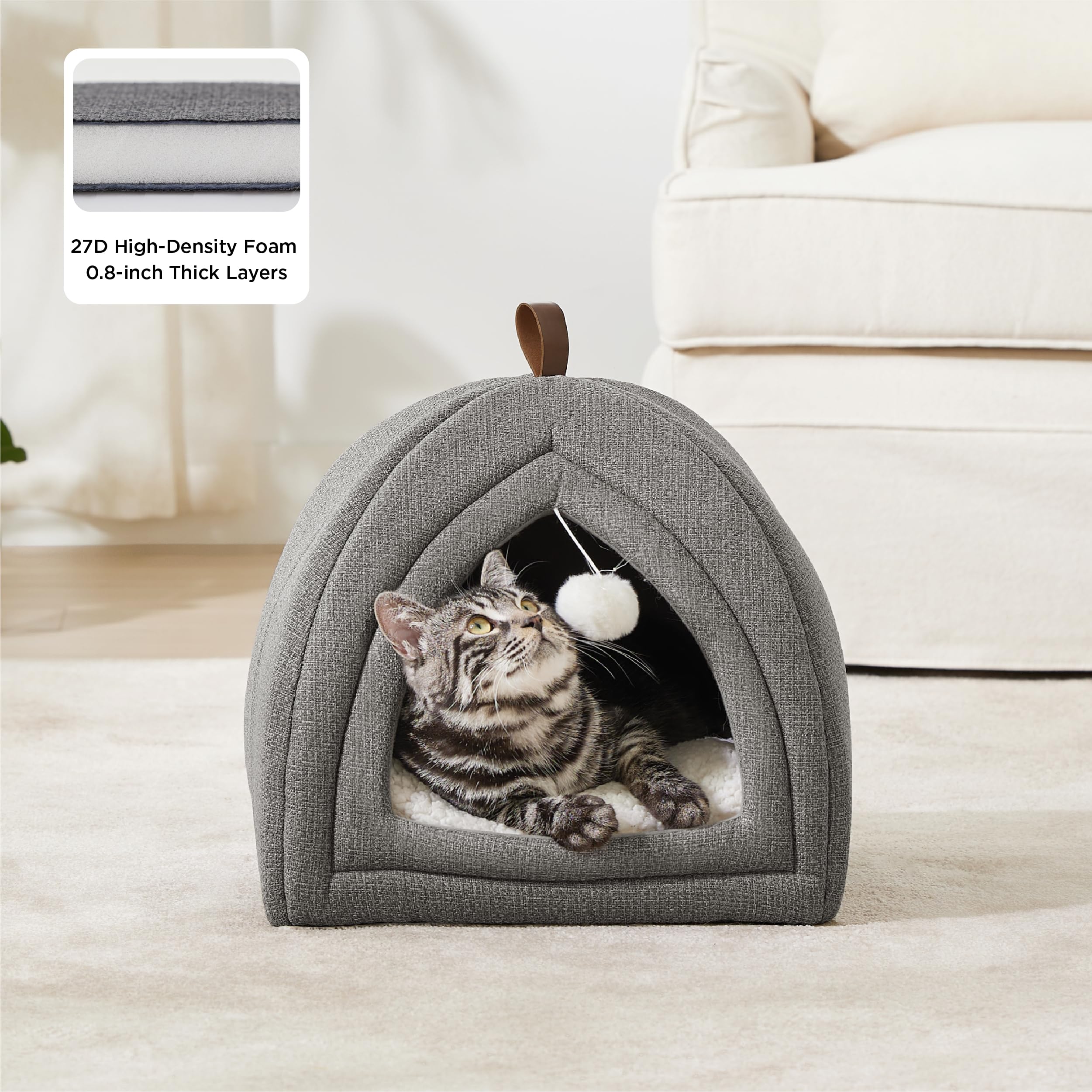 Bedsure Cat Cave Tent with dangling toy ball—stimulates play during retreat.