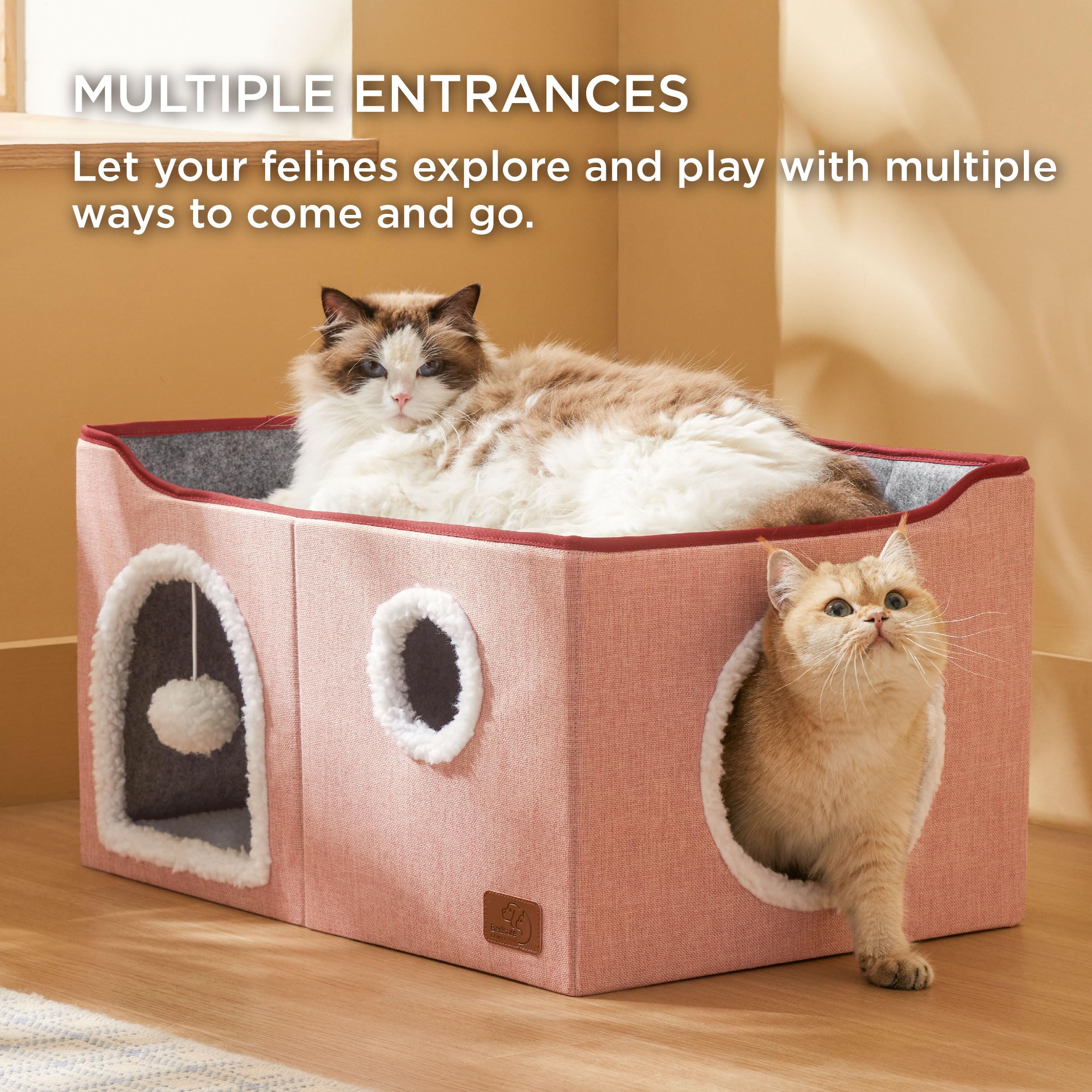 Bedsure cat cube house pink inside hideaway offers secure space for small pets.