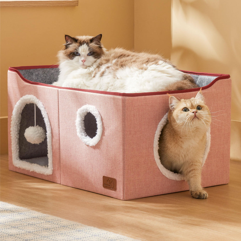 Bedsure cat cube house pink plush balls provide entertainment for cats.