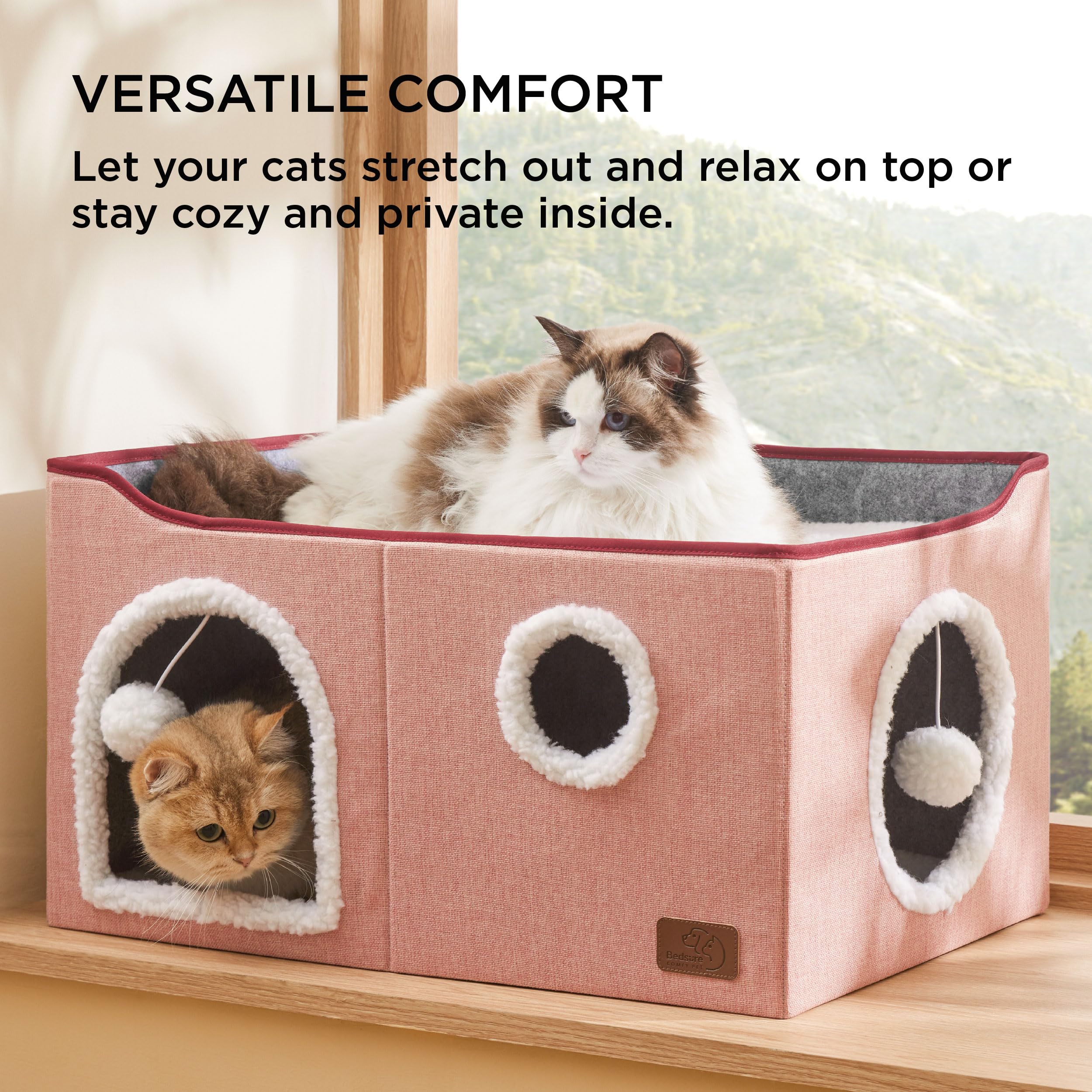 Bedsure cat cube house pink top platform nap area encourages relaxed lounging.