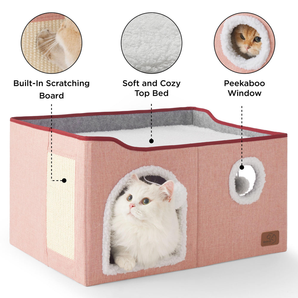 Bedsure cat cube house pink tunnel entry supports interactive play sessions.
