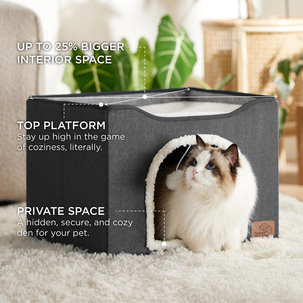 Bedsure cat hideaway upper-platform showcases a spacious nap pad for lounging