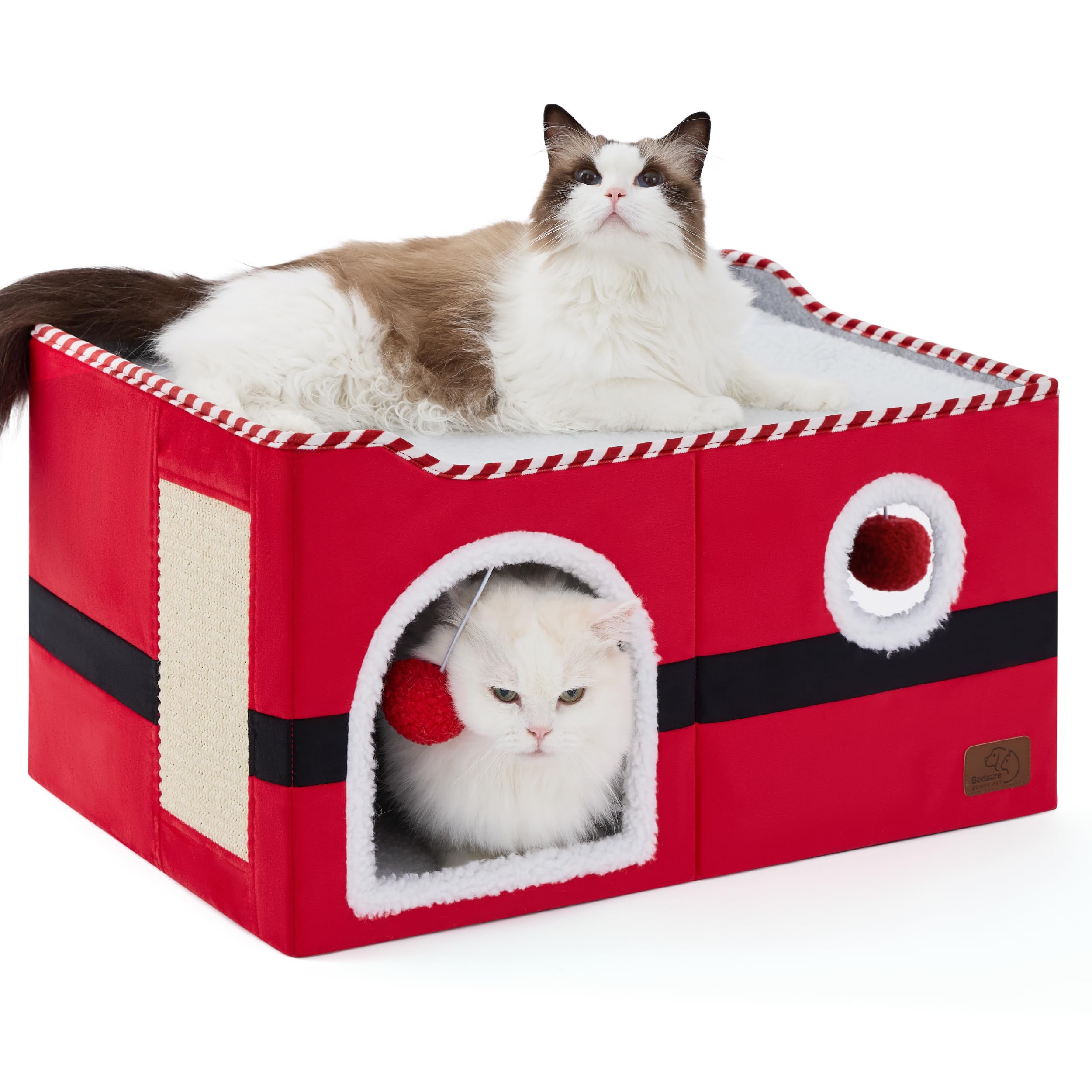 Bedsure cat house sisal scratching board encourages healthy scratching and play sessions.