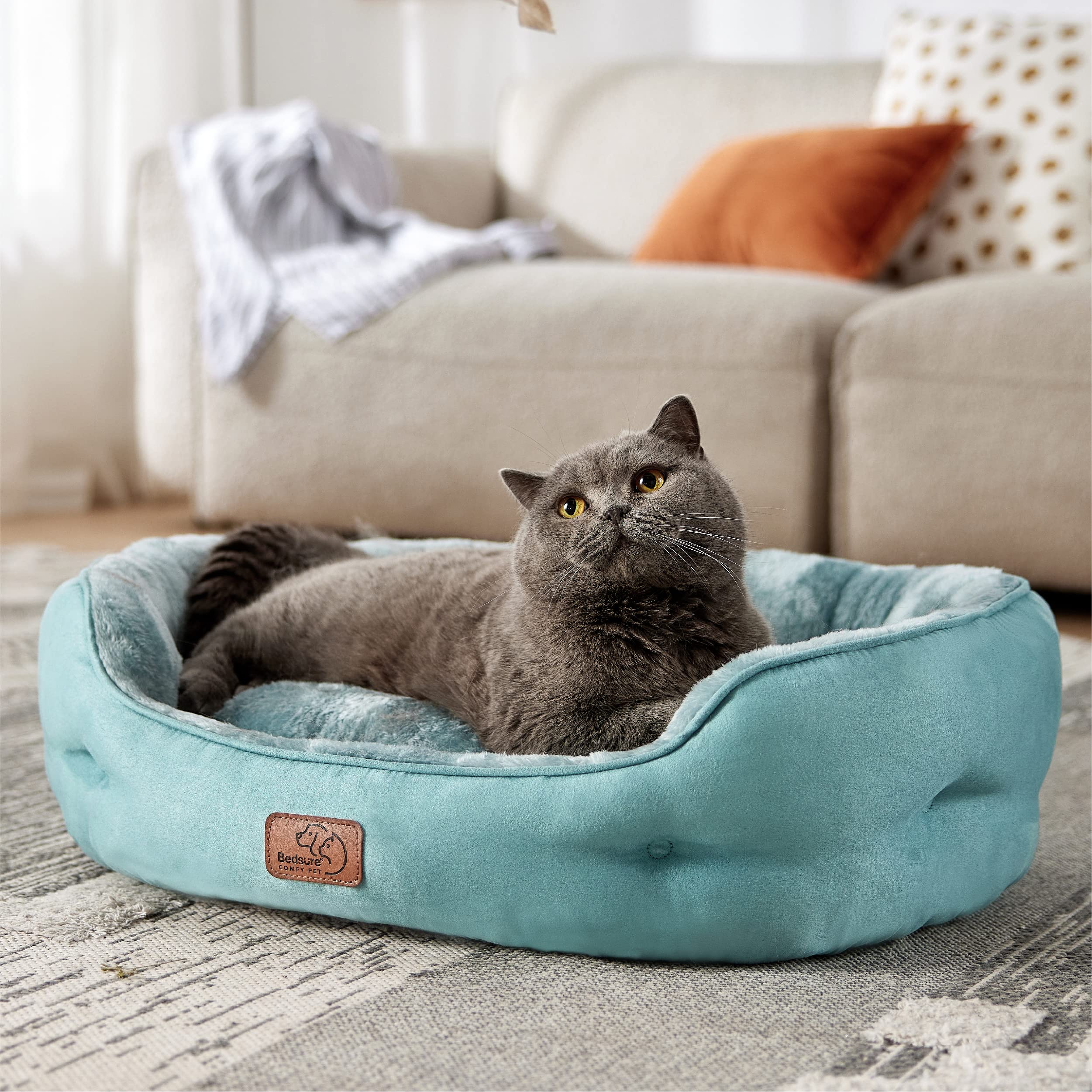 Bedsure cat round bed with bolster ideal for curling up in warmth.