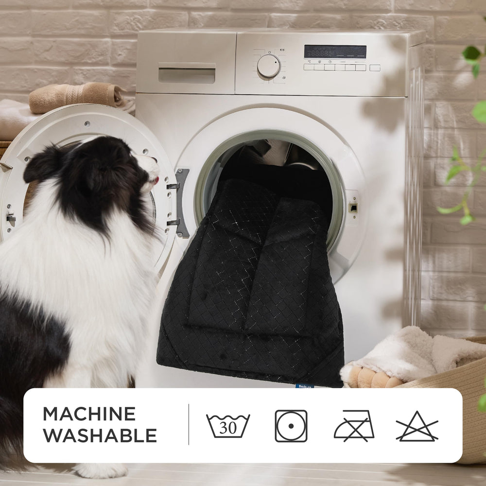 Bedsure chew-proof dog bed care instructions image shows cold wash and low heat dry.