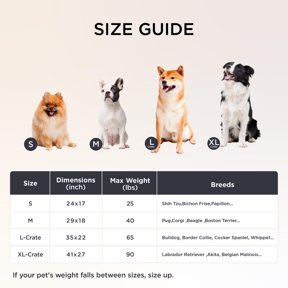 Bedsure chew-proof dog bed size options image shows beds for all dog sizes.