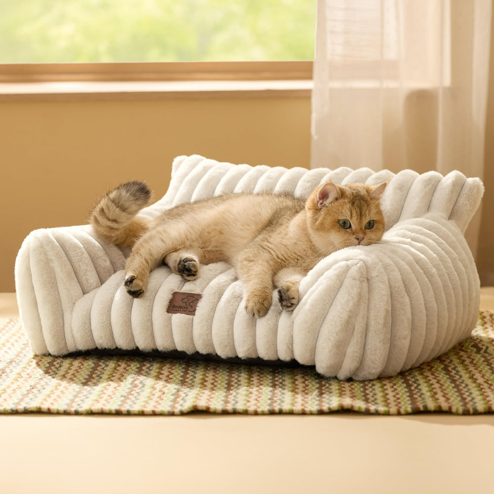 Bedsure Cute Cat Couch cream front view highlights soft corduroy fleece for cozy naps.