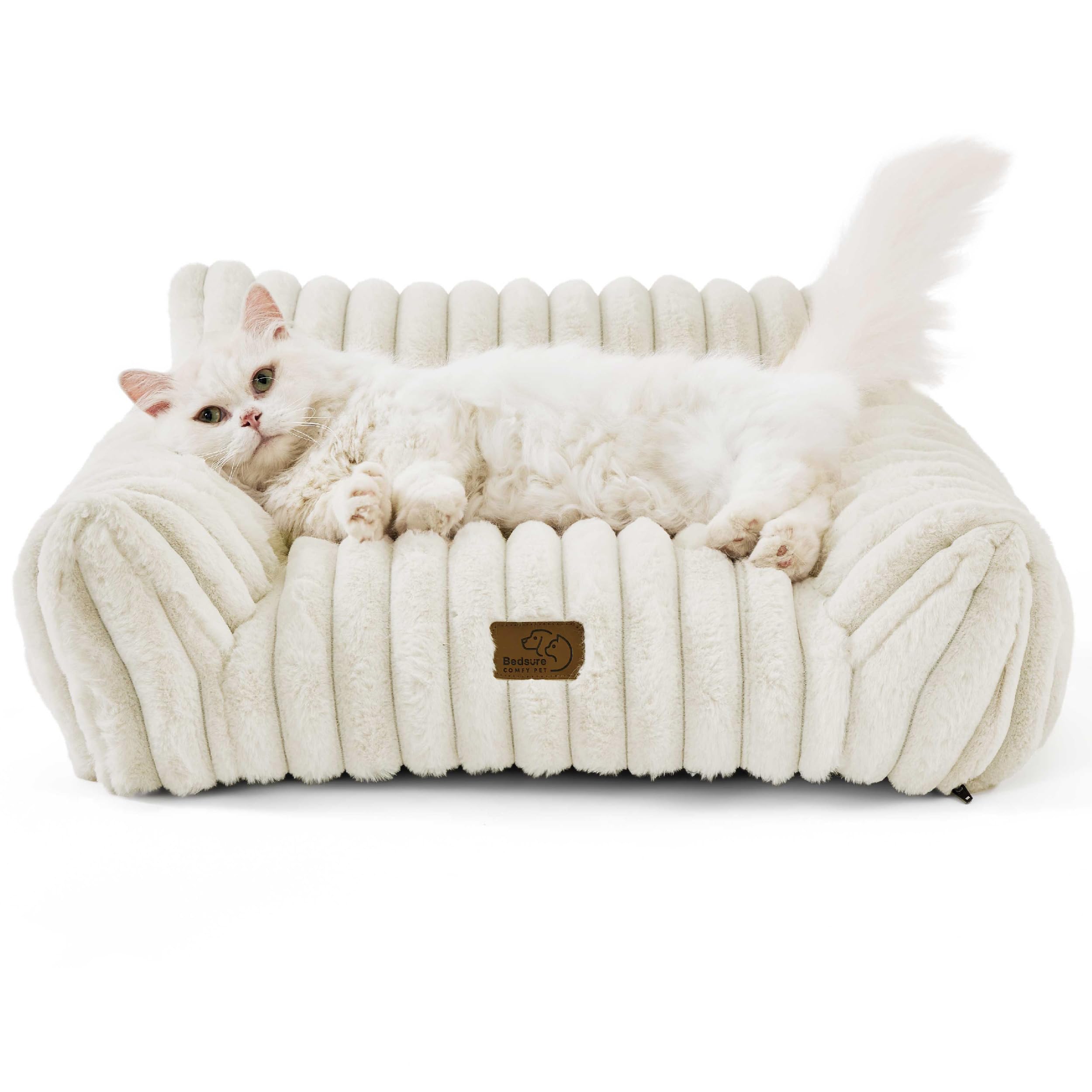 Bedsure Cute Cat Couch cream close-up in a living room shows versatile indoor use.