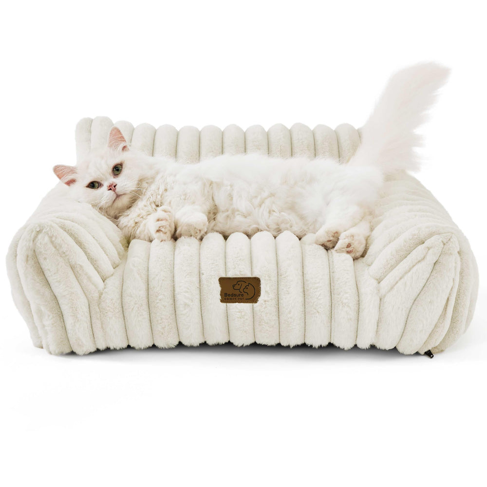 Bedsure Cute Cat Couch cream close-up in a living room shows versatile indoor use.