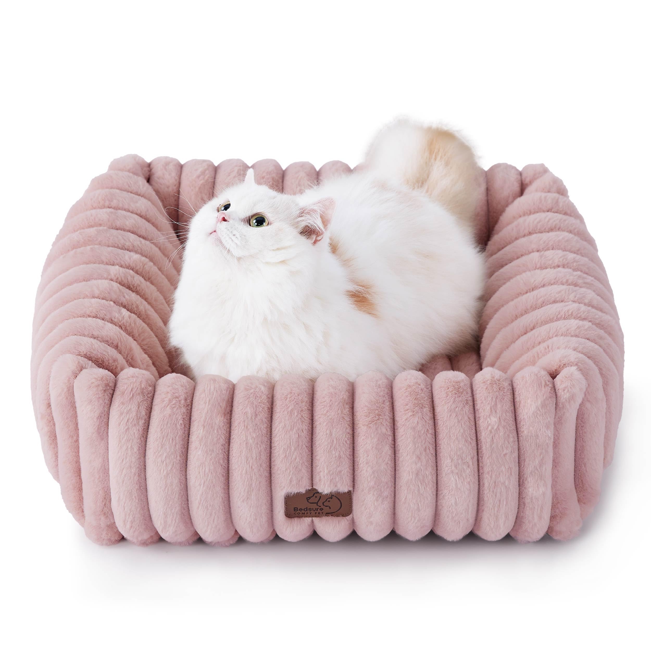 Bedsure cute dog bed blush pink, front view—cozy fit for small pets.