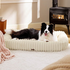 Bedsure XL cream dog bed front view with plush fur and raised sides for support