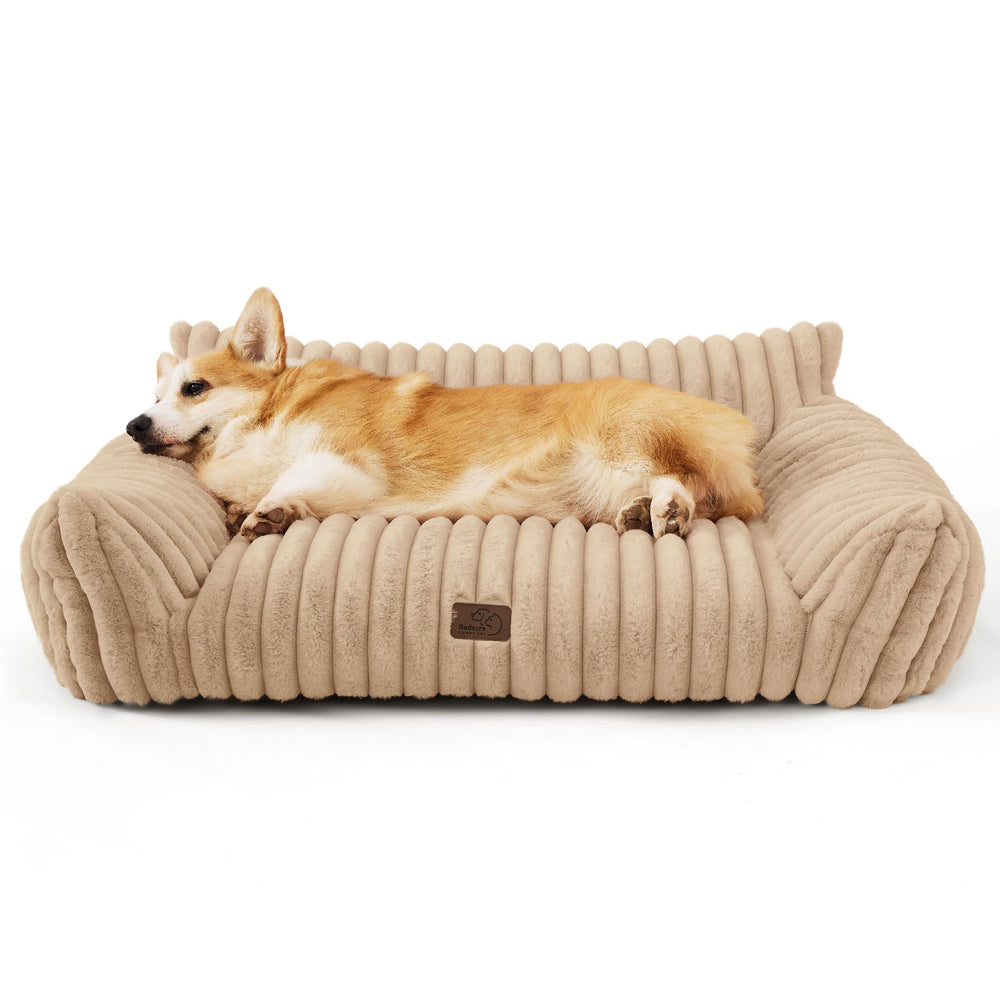 Bedsure cute dog couch 36inch tuscan beige; stylish bed for relaxed naps indoors.