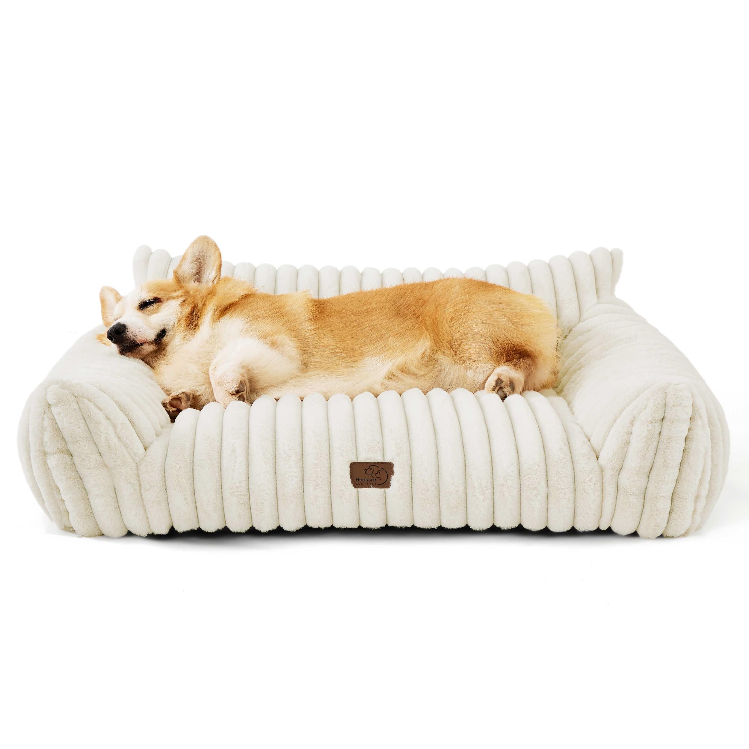 Bedsure cute dog couch front view shows plush cream warmth for cozy naps.