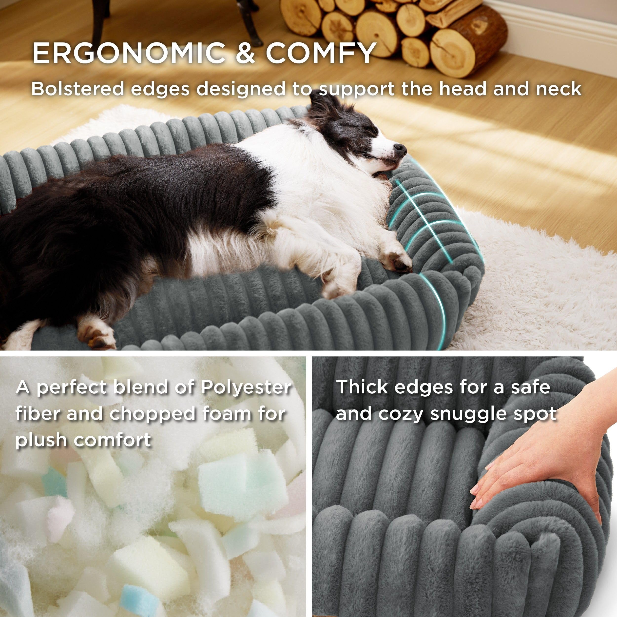 Bedsure dog bed large imitation fur creates warm, plush comfort for lounging.