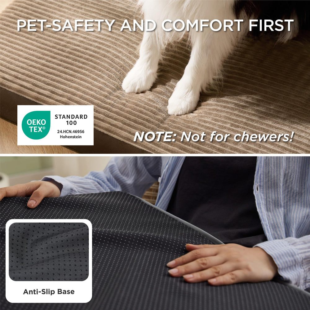 Bedsure dog bed not waterproof image emphasizes need for pee pad protection.