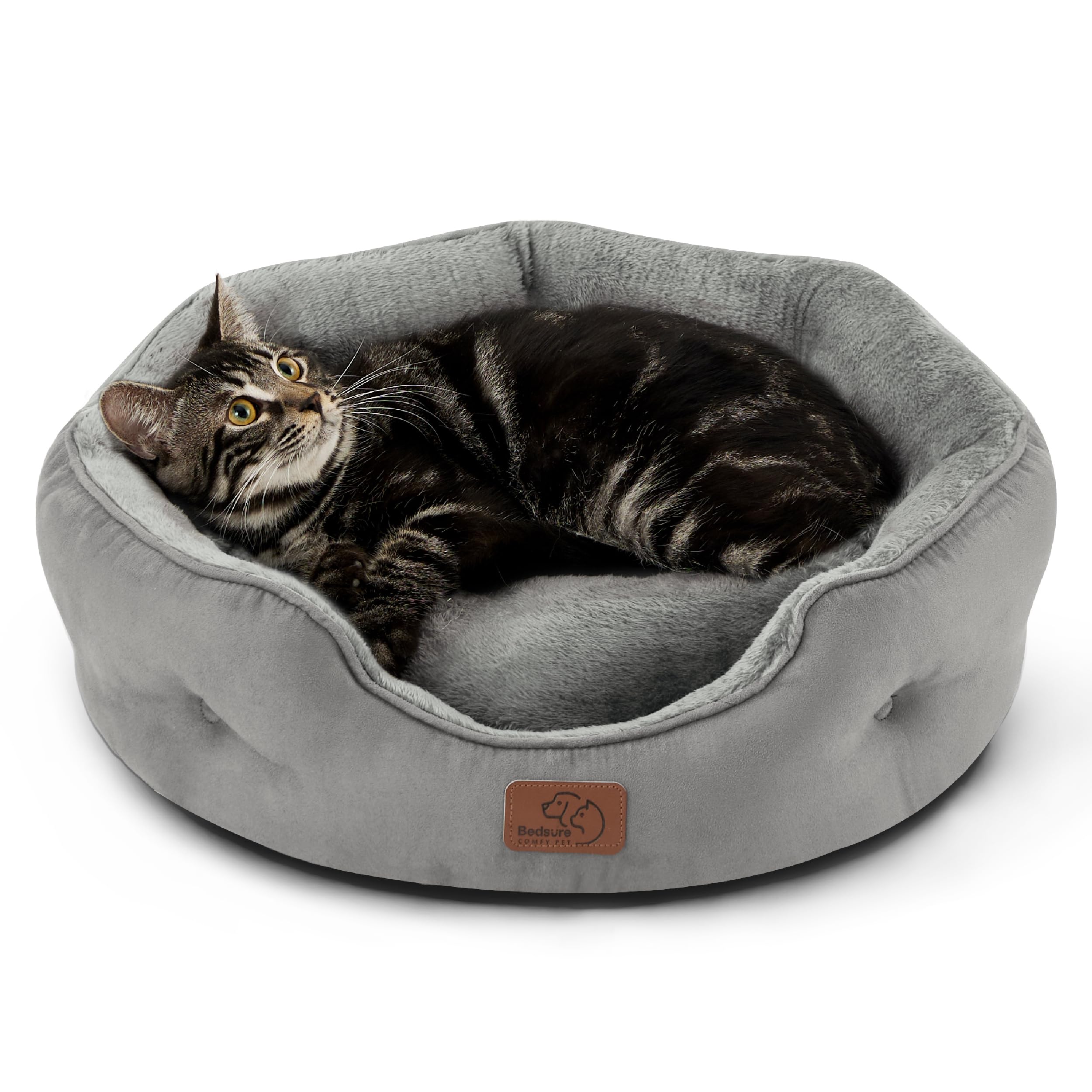 Bedsure dog bed round 20-inch grey front view shows plush comfort for small dogs