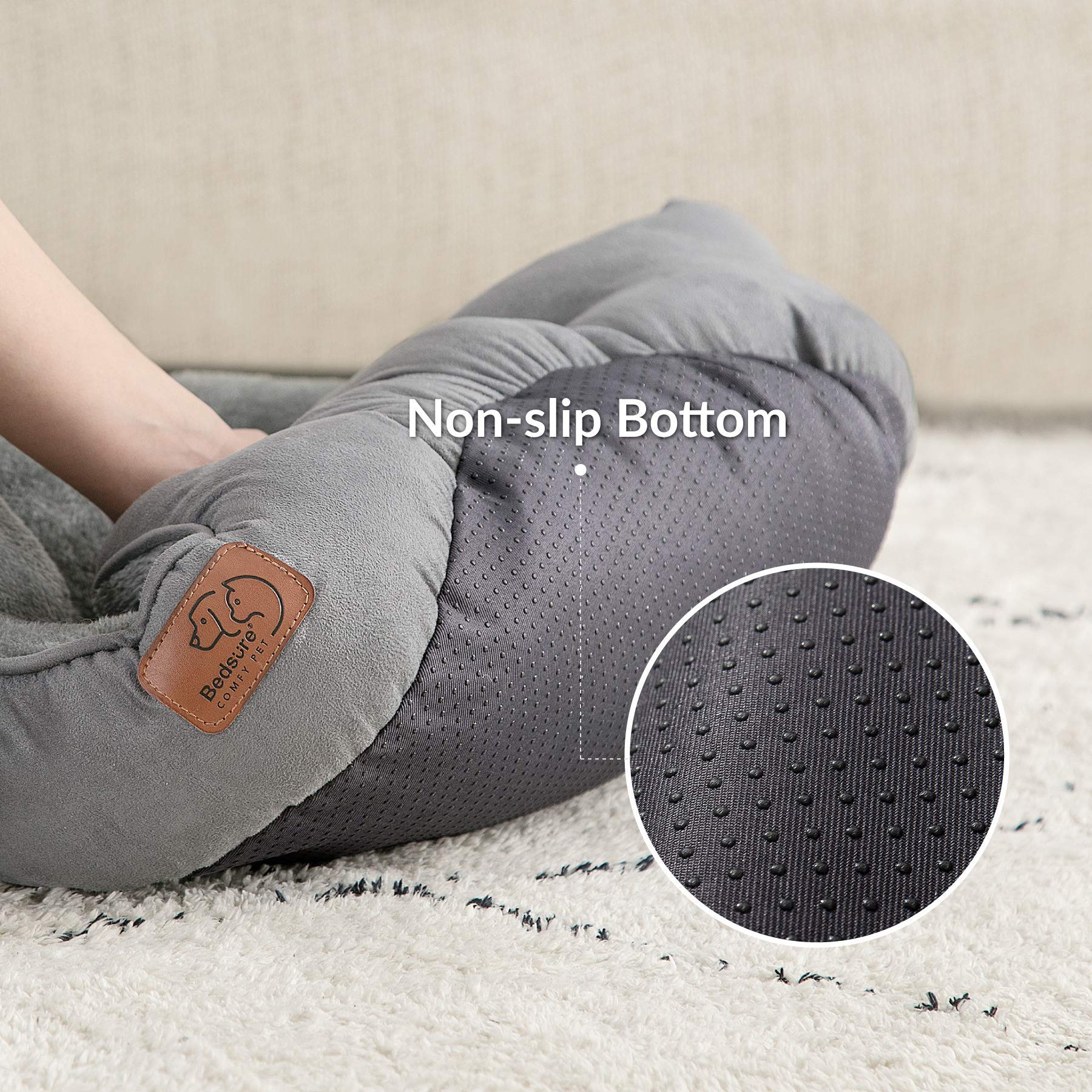 Bedsure dog bed round 20-inch grey top view highlights cozy sherpa texture