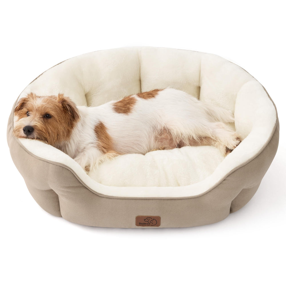 Bedsure dog bed round camel plush surface for cozy naps and security.