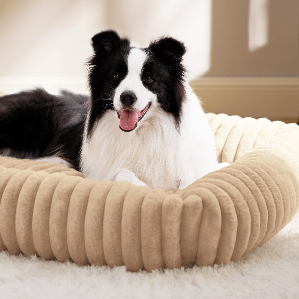 Bedsure sandy beige dog bed color blends with home decor and hides fur.