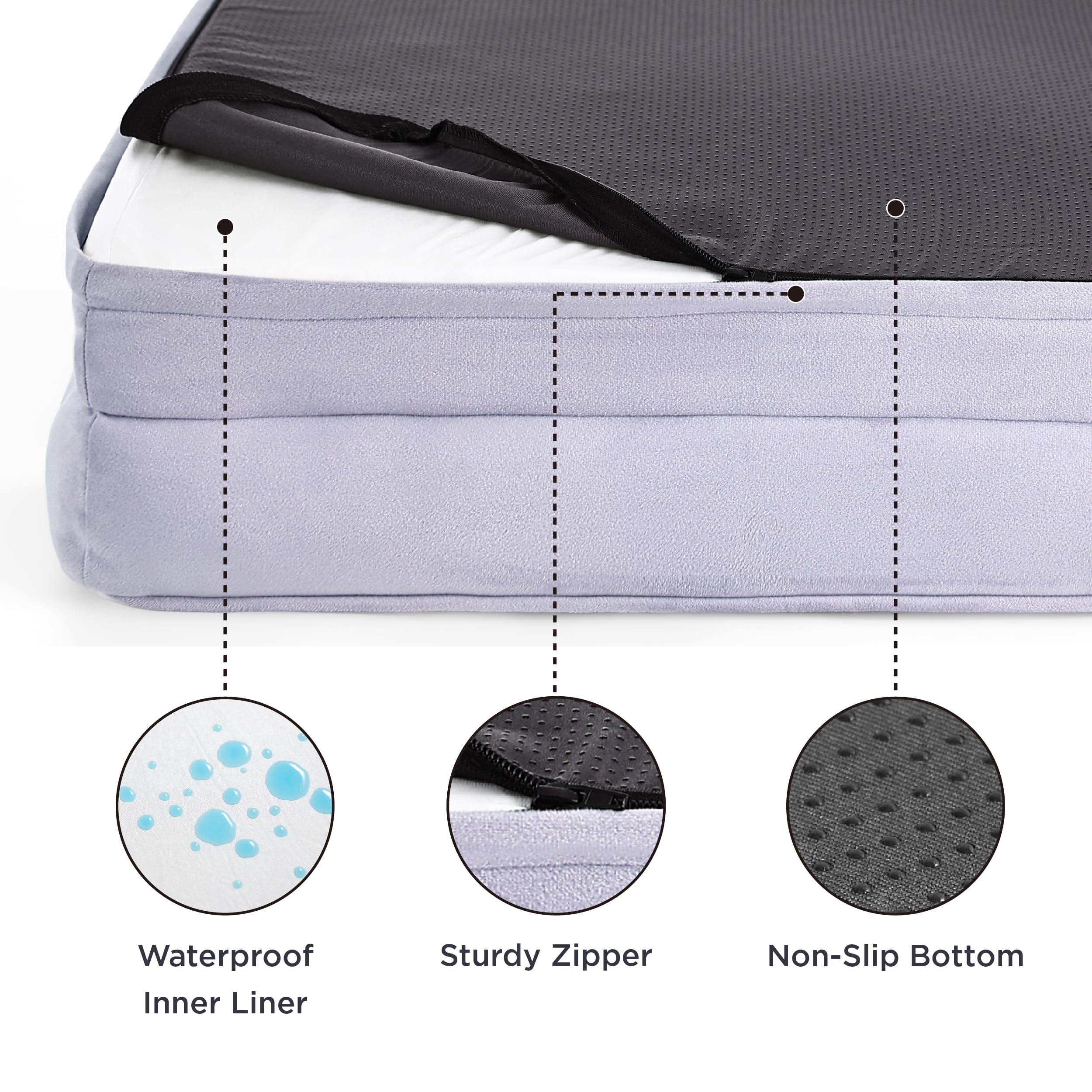 Bedsure dog bed waterproof liner protects foam from spills.