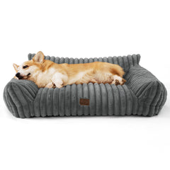 Bedsure dog couch front view highlights sturdy three-sided support for cozy naps.