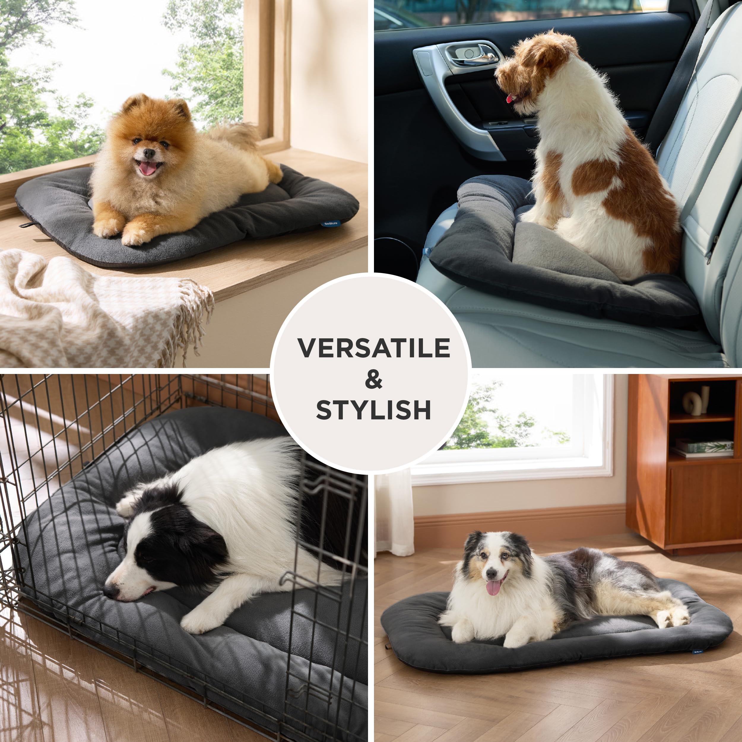 Bedsure crate-ready lounging scene in grey mat highlights versatile at-home or travel use