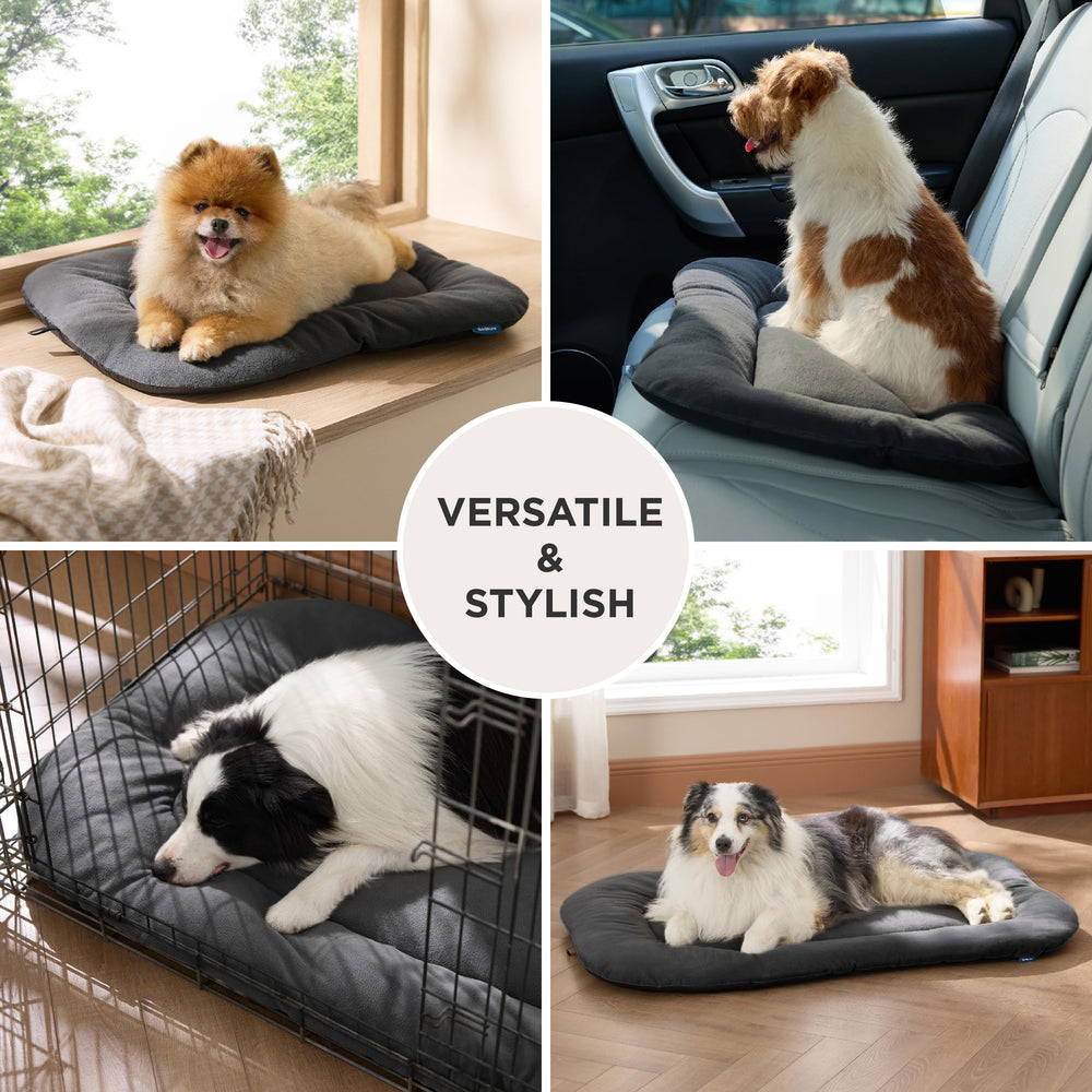 Bedsure crate-ready lounging scene in grey mat highlights versatile at-home or travel use