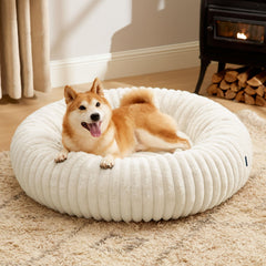 Bedsure Donut Bed cream front view highlights plush faux fur for cozy lounging.