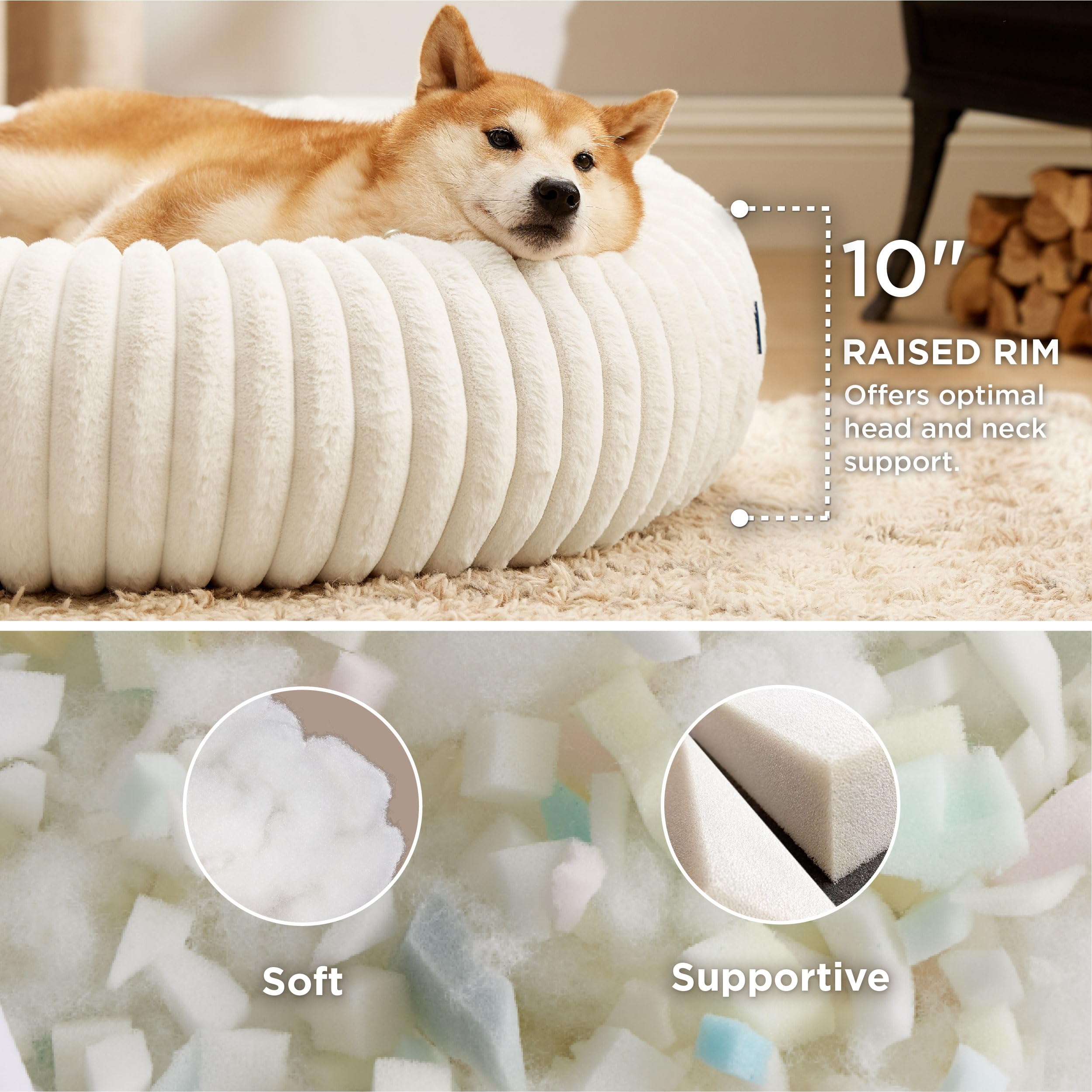 Bedsure Donut Bed cream side profile emphasizes raised rim for neck support.
