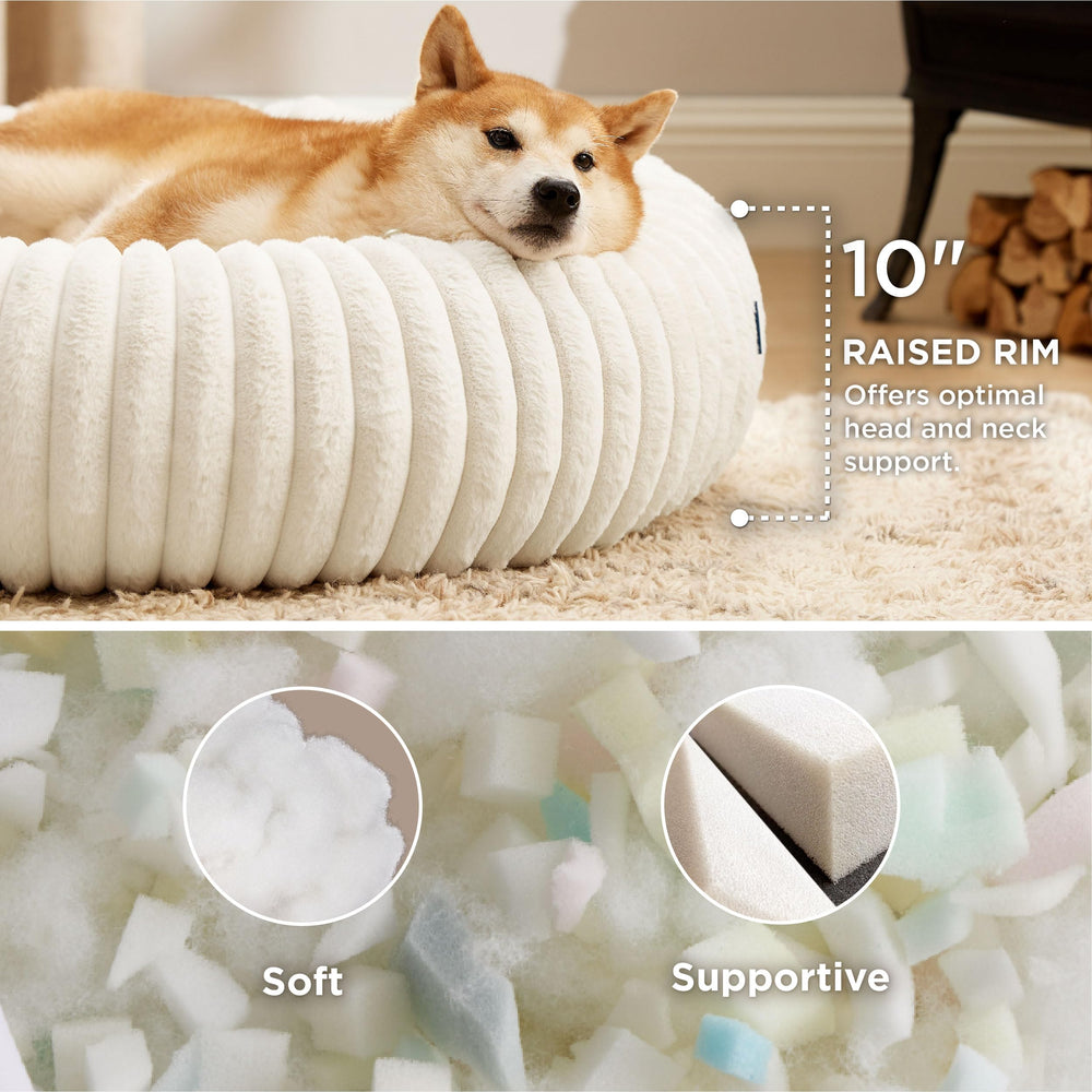Bedsure Donut Bed cream side profile emphasizes raised rim for neck support.