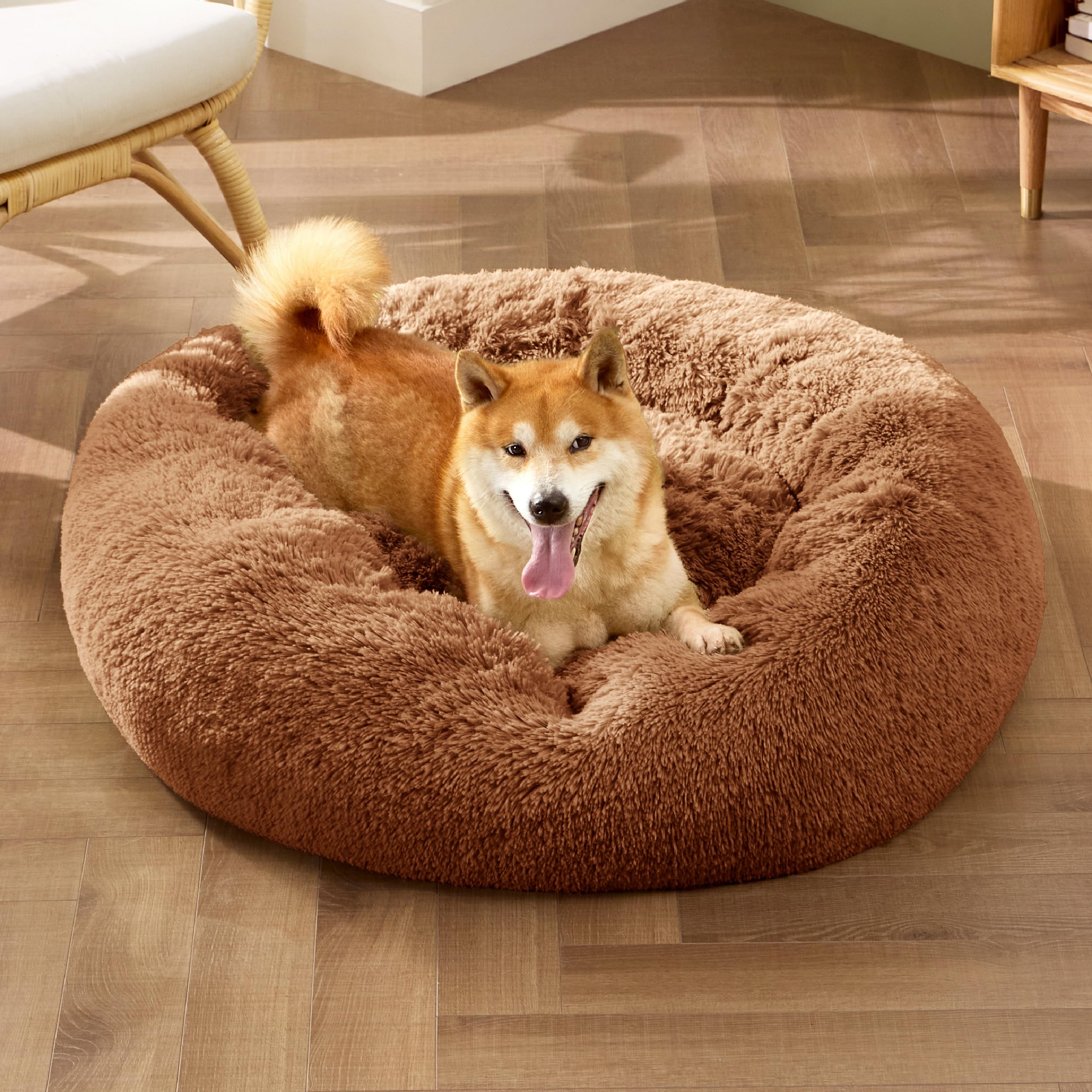 Bedsure round pet bed in neutral copper blends with decor