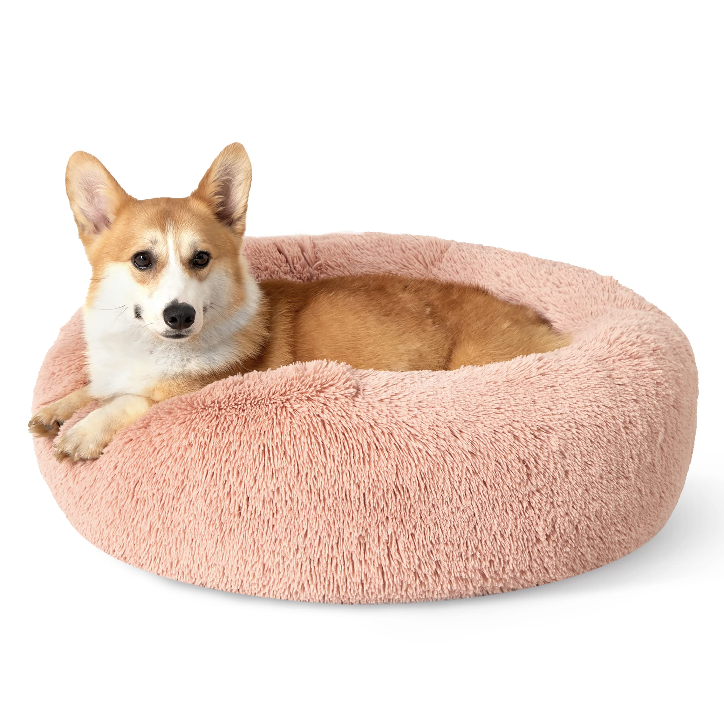 Bedsure Donut Dog Bed 30in soft faux fur pink for cozy naps.
