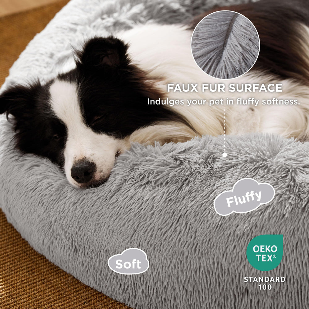 Bedsure donut bed close-up highlights plush faux fur for curl-up comfort