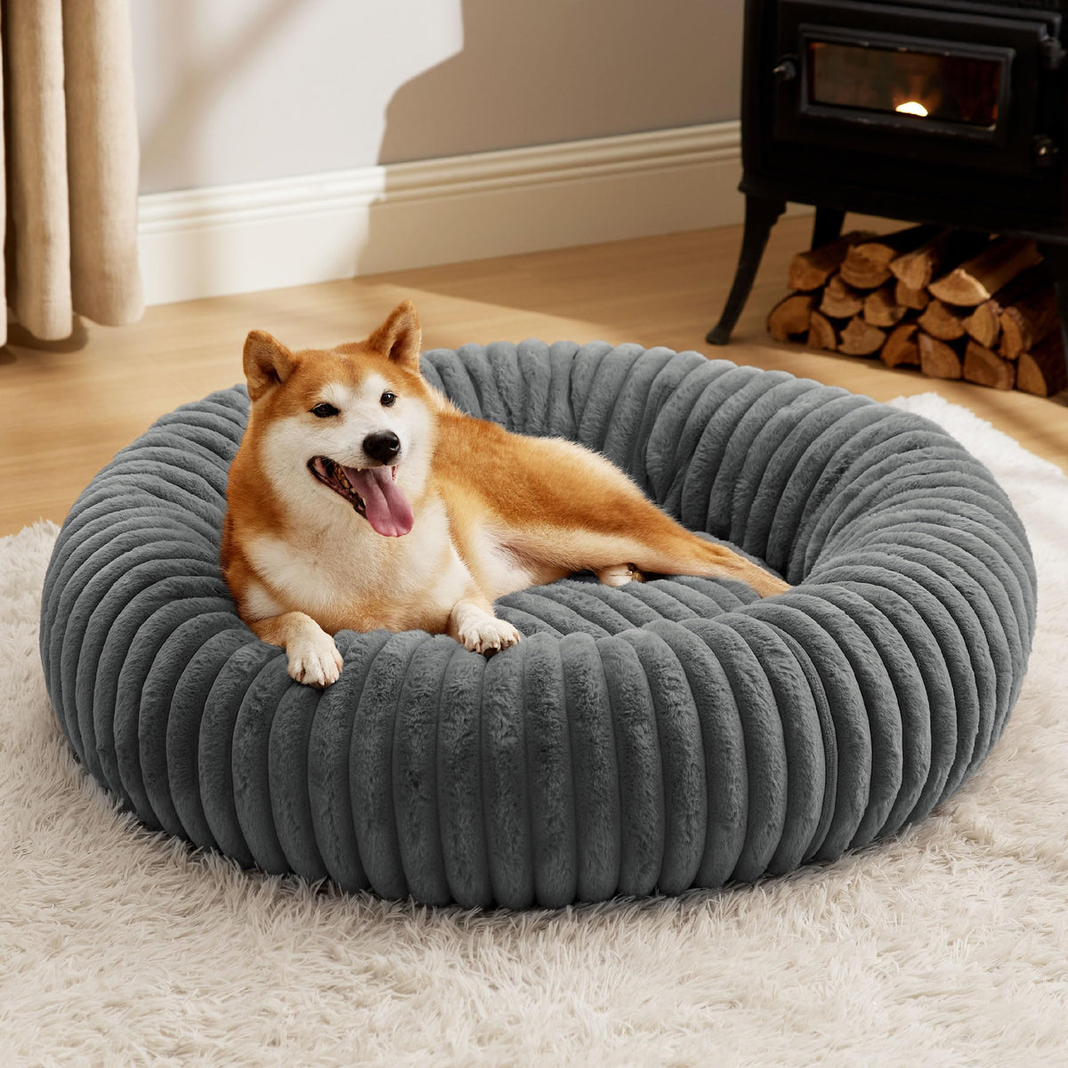 Bedsure Donut Large Dog Bed round top view, inviting pets to lounge comfortably.