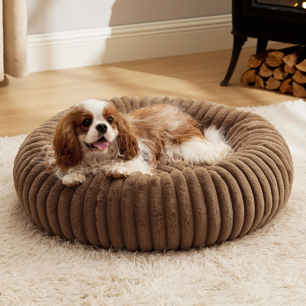 Bedsure Donut Medium Dog Bed faux fur close-up highlighting plush comfort for cozy naps.