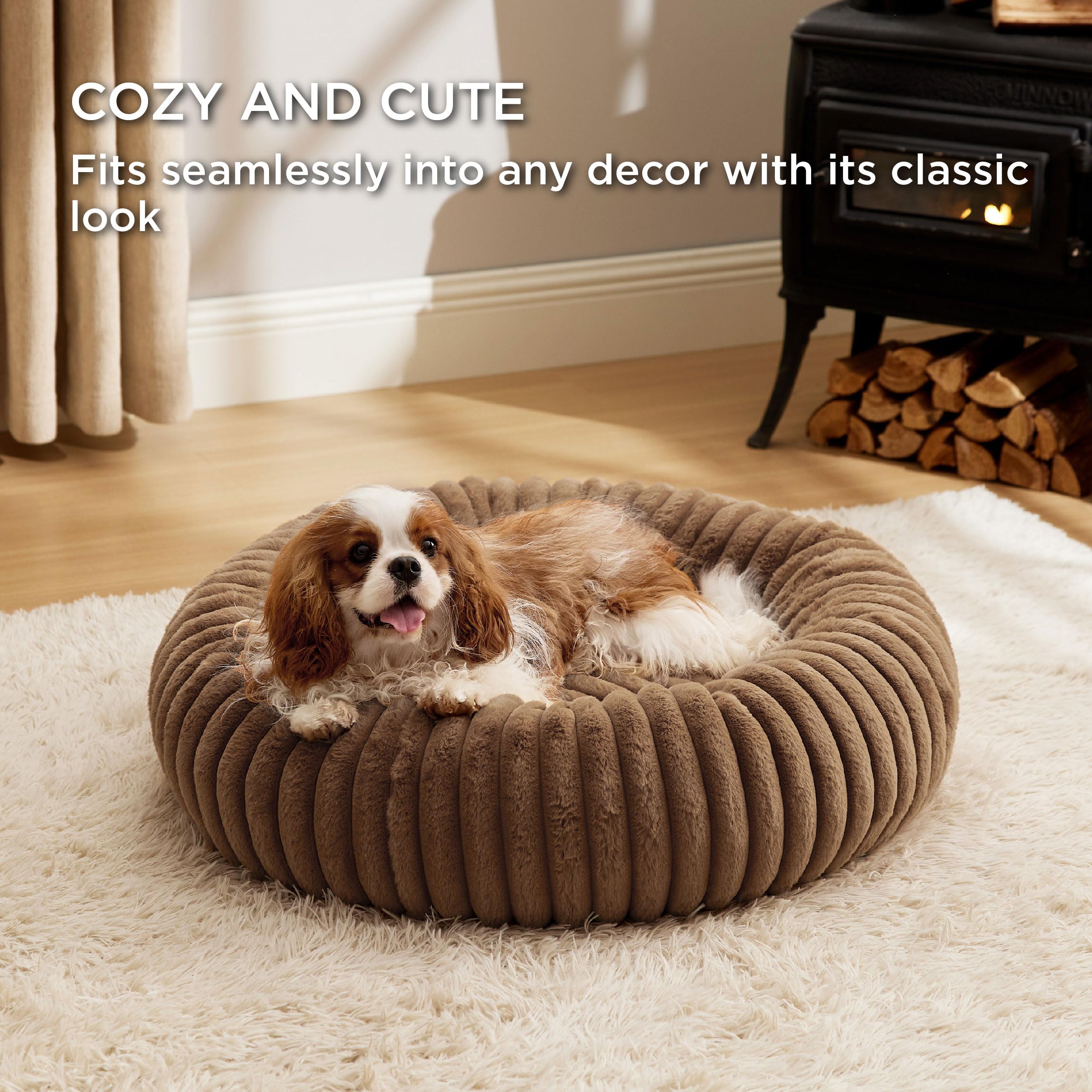 Bedsure Donut Medium Dog Bed raised rims support heads and necks for relaxed lounging.